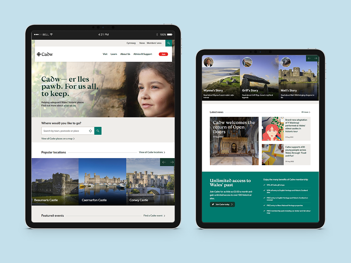Cadw - examples of website on tablet screens