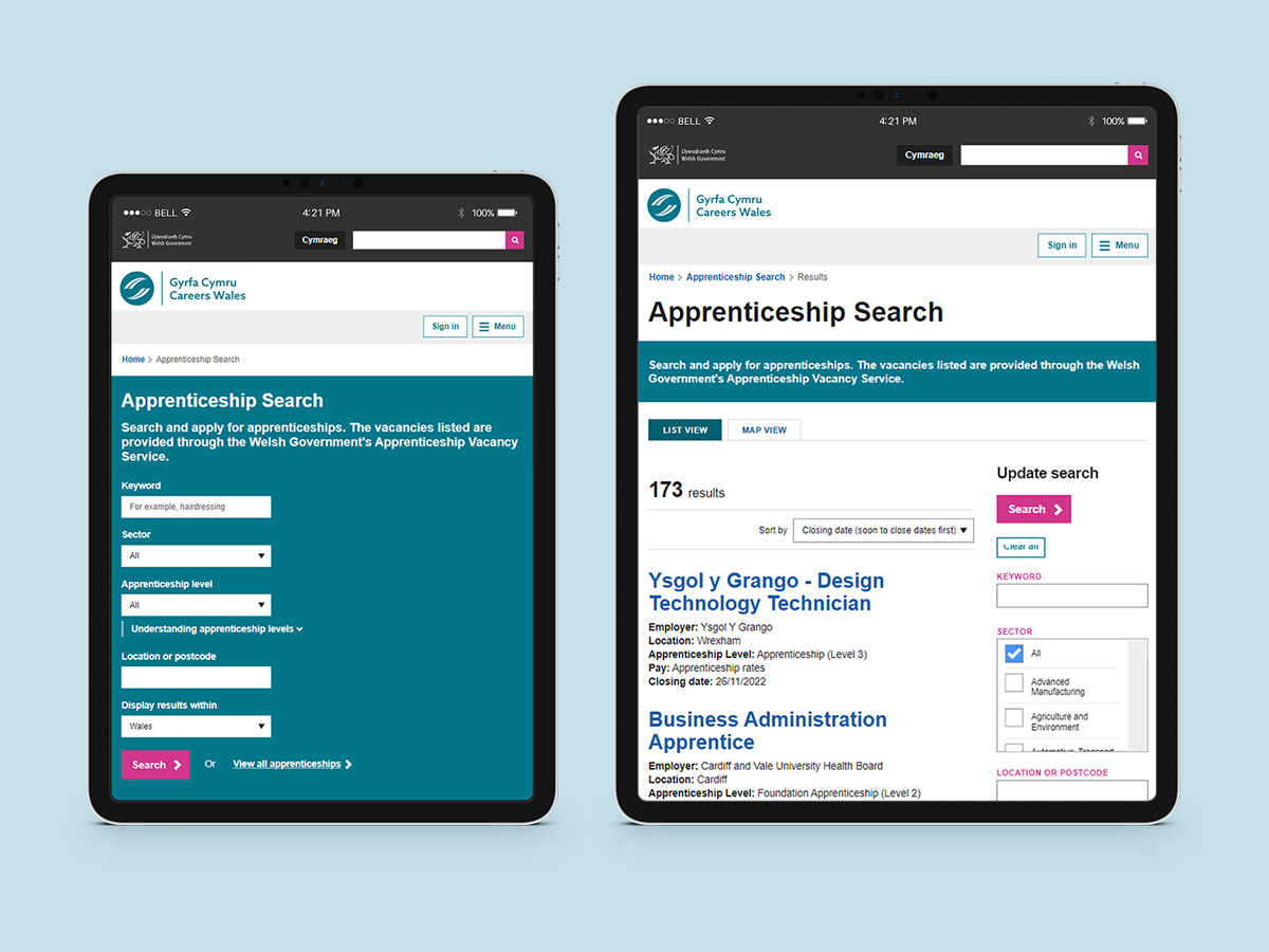 Careers Wales - various screen examples